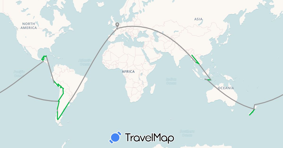 TravelMap itinerary: driving, bus, plane in Argentina, Bolivia, Chile, France, Guatemala, Indonesia, Cambodia, Myanmar (Burma), Mexico, New Zealand, Peru, Thailand (Asia, Europe, North America, Oceania, South America)